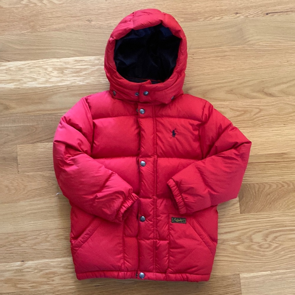 Red boys Kids Polo Ralph Lauren puffer coat jacket with hood in size 7. Like new